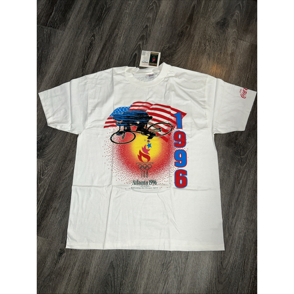 Vintage 1996 Atlanta Olympics Coca Cola T Shirt XL Hanes NWT Bike Torch Flag